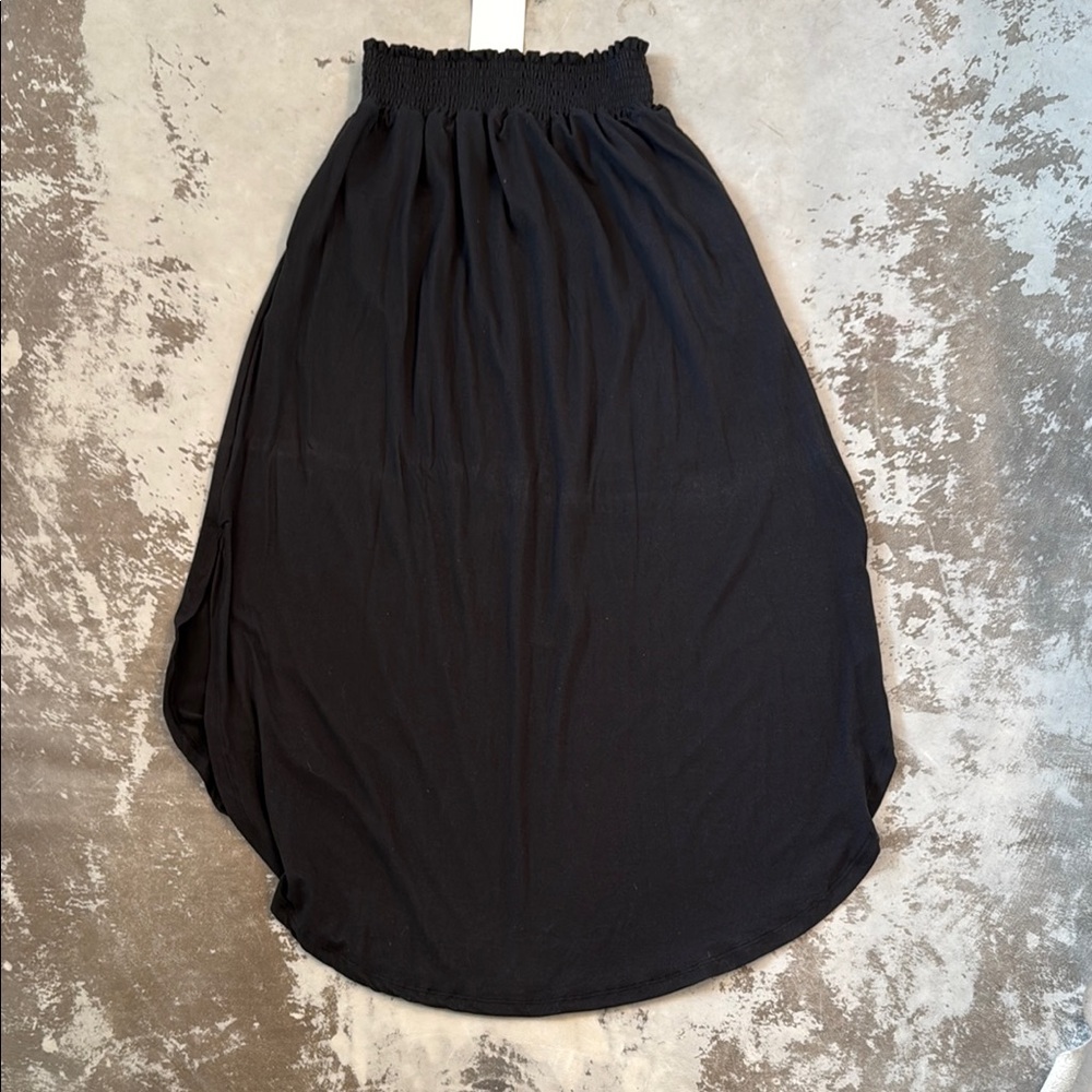 Black Maxi A-Line Skirt with Smocked High-Low Design